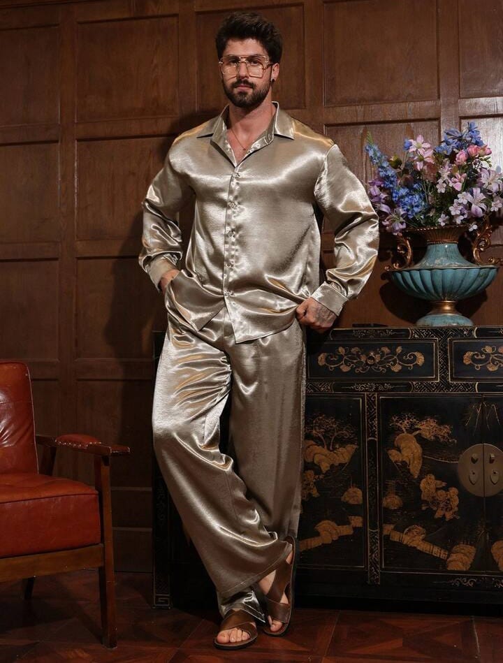 DAZY Men's Gold Satin Long Sleeve Shirt And Pants Set Vacation Casual Style Spring / Summer